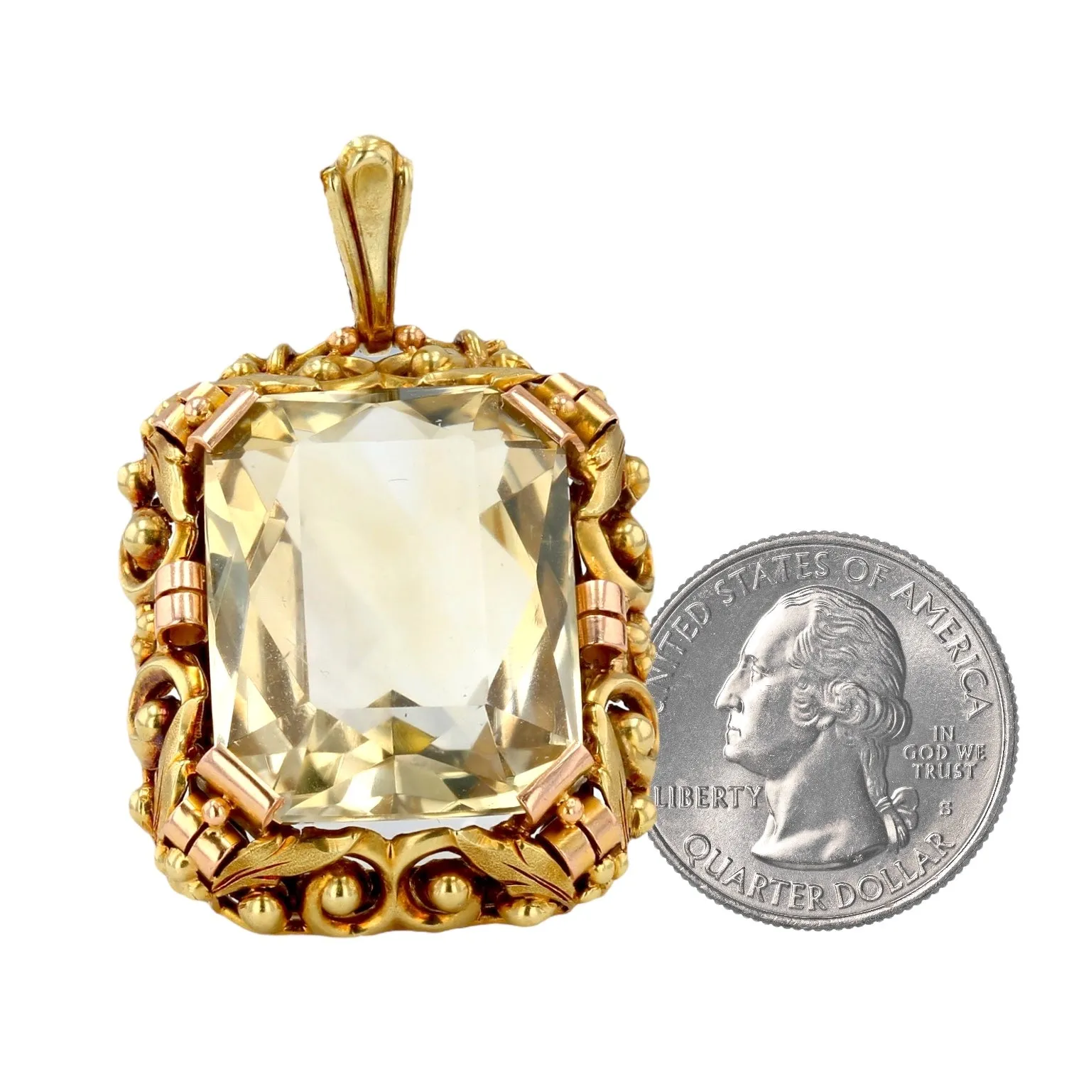 14K Yellow gold barroco huge champagne quartz pendant-17622