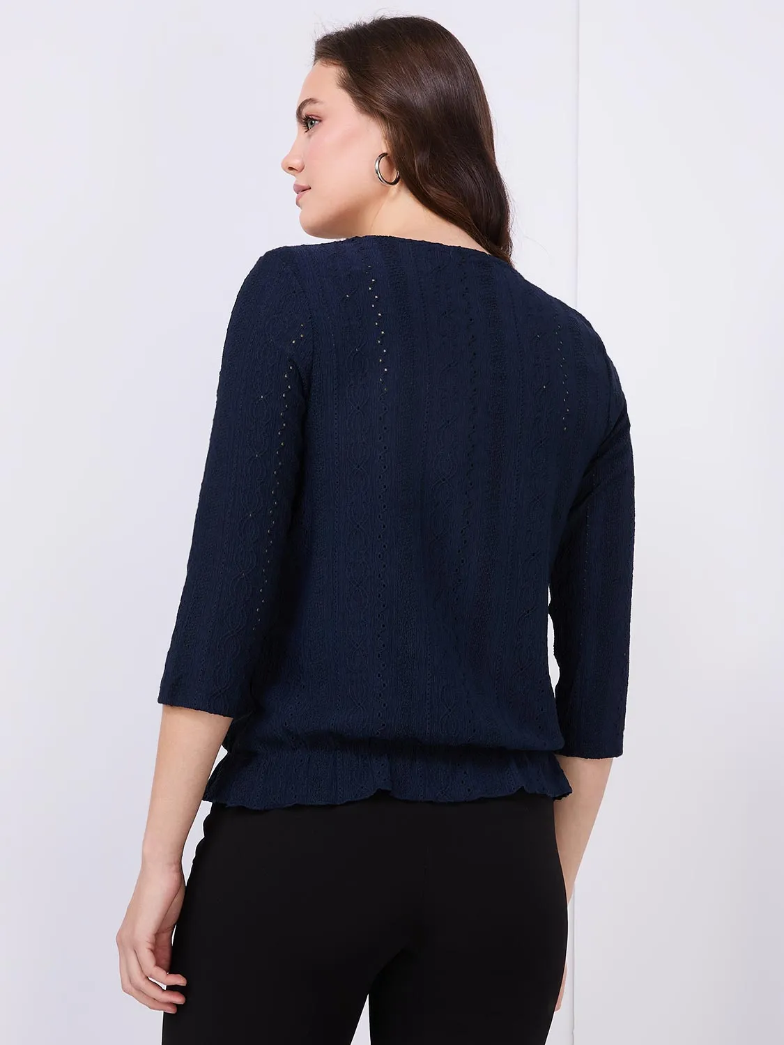 3/4 Sleeve V-Neck Eyelet Top