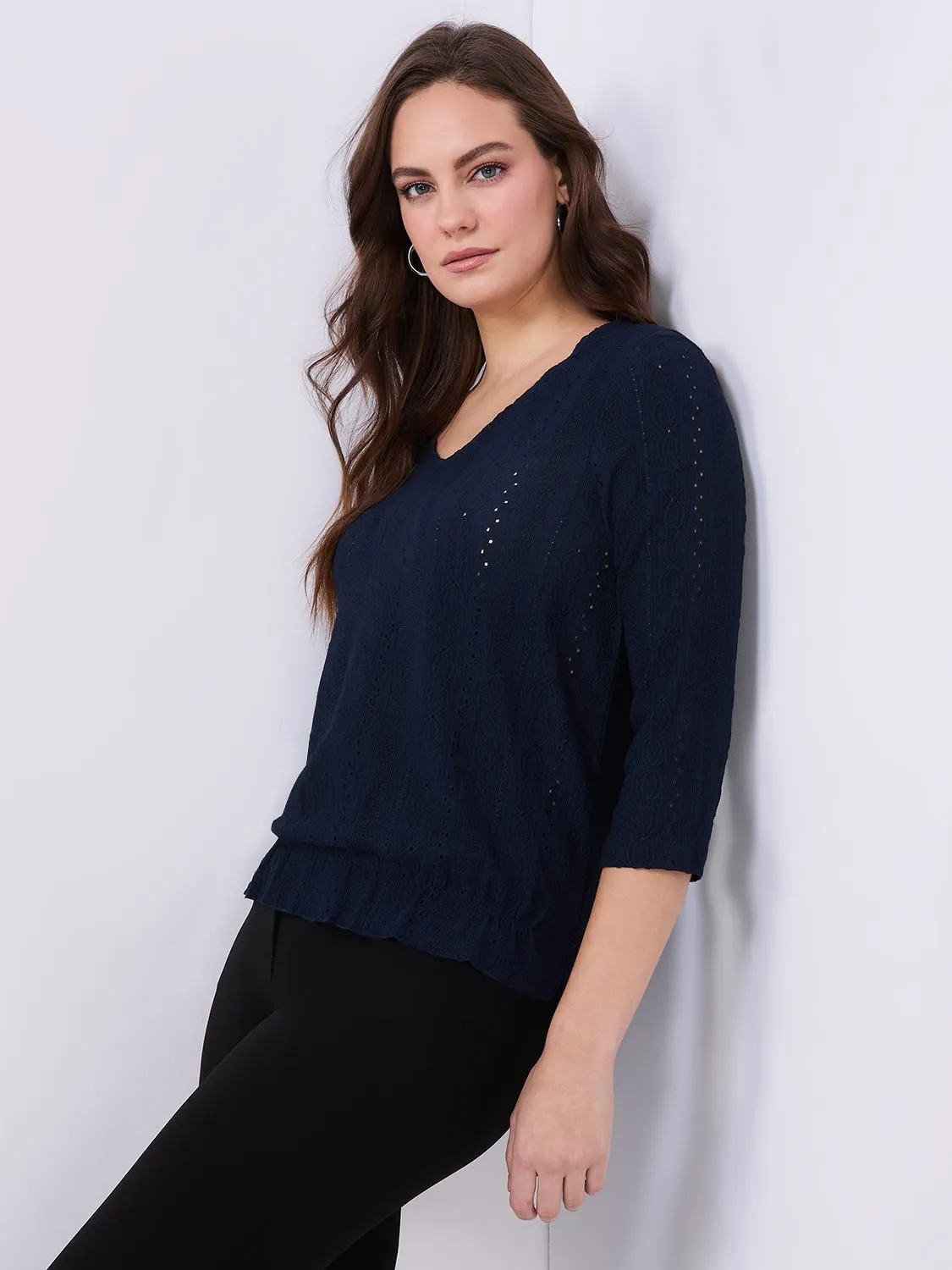 3/4 Sleeve V-Neck Eyelet Top