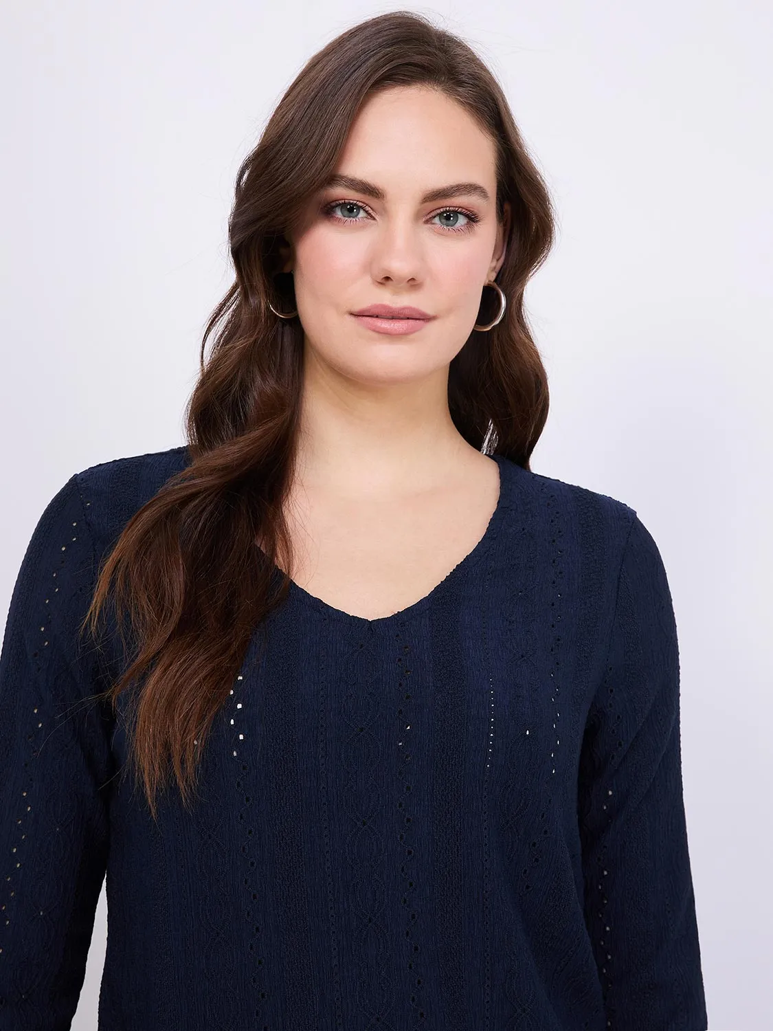 3/4 Sleeve V-Neck Eyelet Top