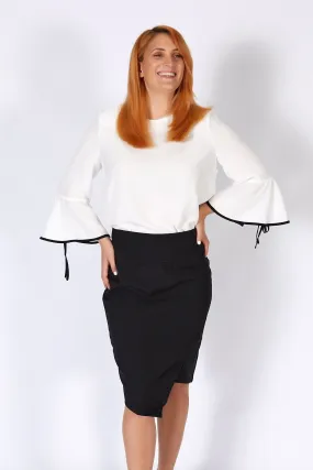 3RD Love Vivid White Bell Sleeved Top in Ivory with Black Trim