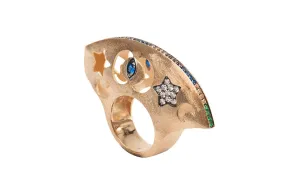 AMMANII Statement Dome Ring with Carved Stars and Moons in Vermeil Gold