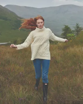 Aran - Merino Oversized Sweater with Cowl Neck - White