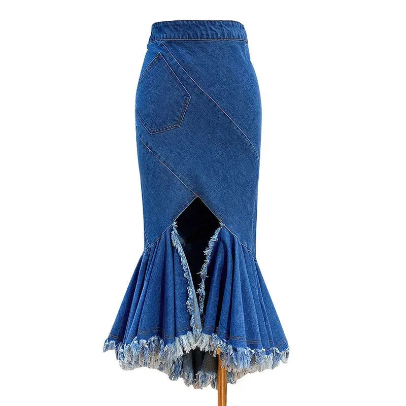 Asymmetrical Bodycon Denim Skirt For Women High Waist Patchwork Tassel Midi Skirts Female Fashion Clothing