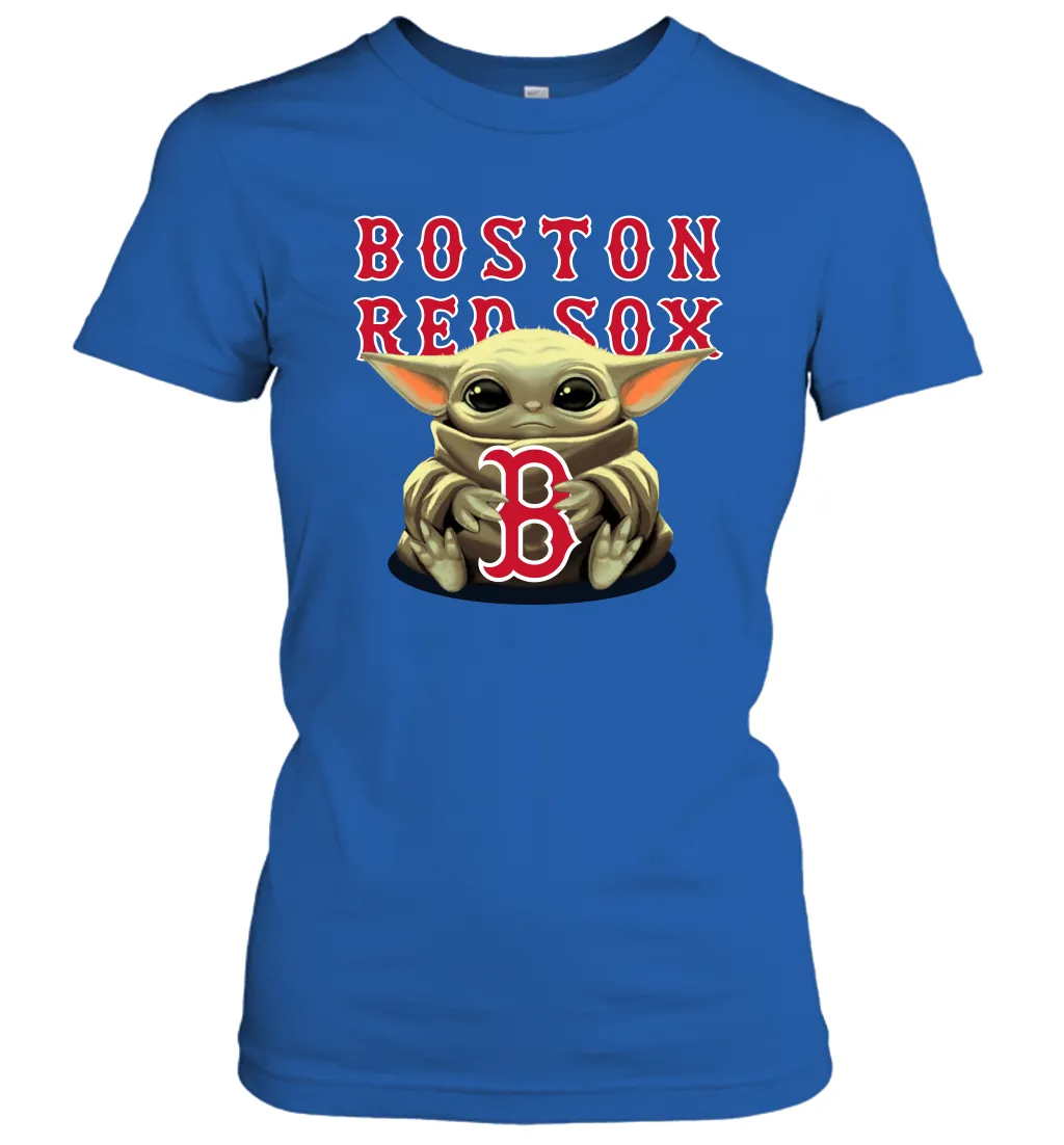 Baby Yoda Hugs Loves The Boston Red Sox Baseball Womens T-Shirt