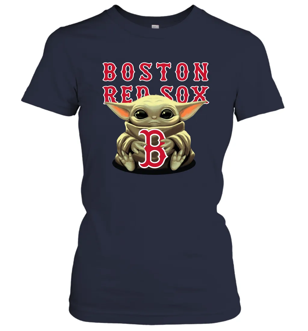 Baby Yoda Hugs Loves The Boston Red Sox Baseball Womens T-Shirt