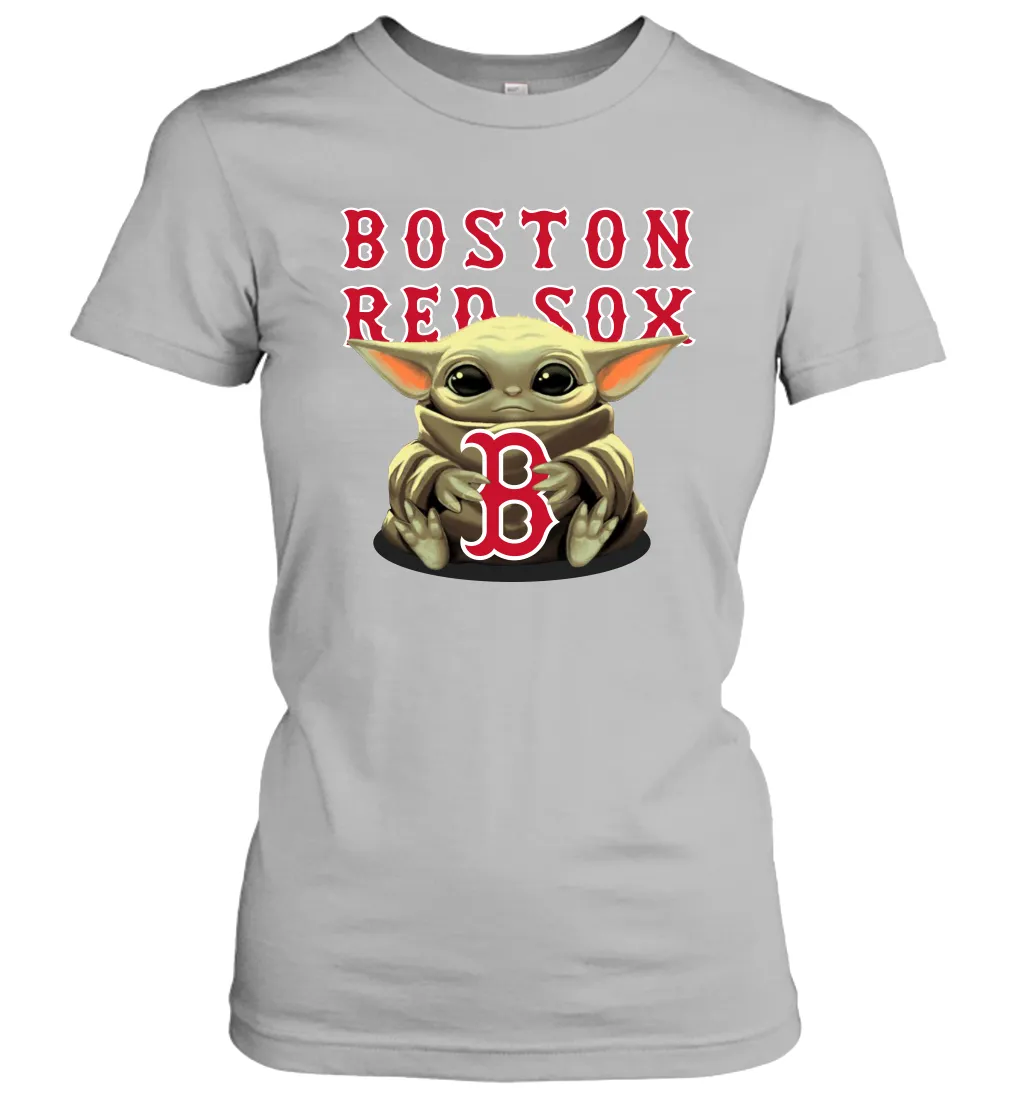 Baby Yoda Hugs Loves The Boston Red Sox Baseball Womens T-Shirt