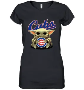 Baby Yoda Hugs Loves The Chicago Cubs Baseball Womens V-Neck T-Shirt