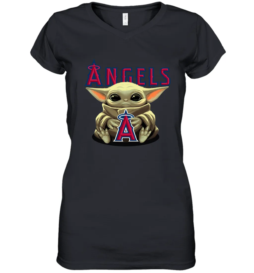 Baby Yoda Hugs Loves The Los Angeles Angels Baseball Womens V-Neck T-Shirt