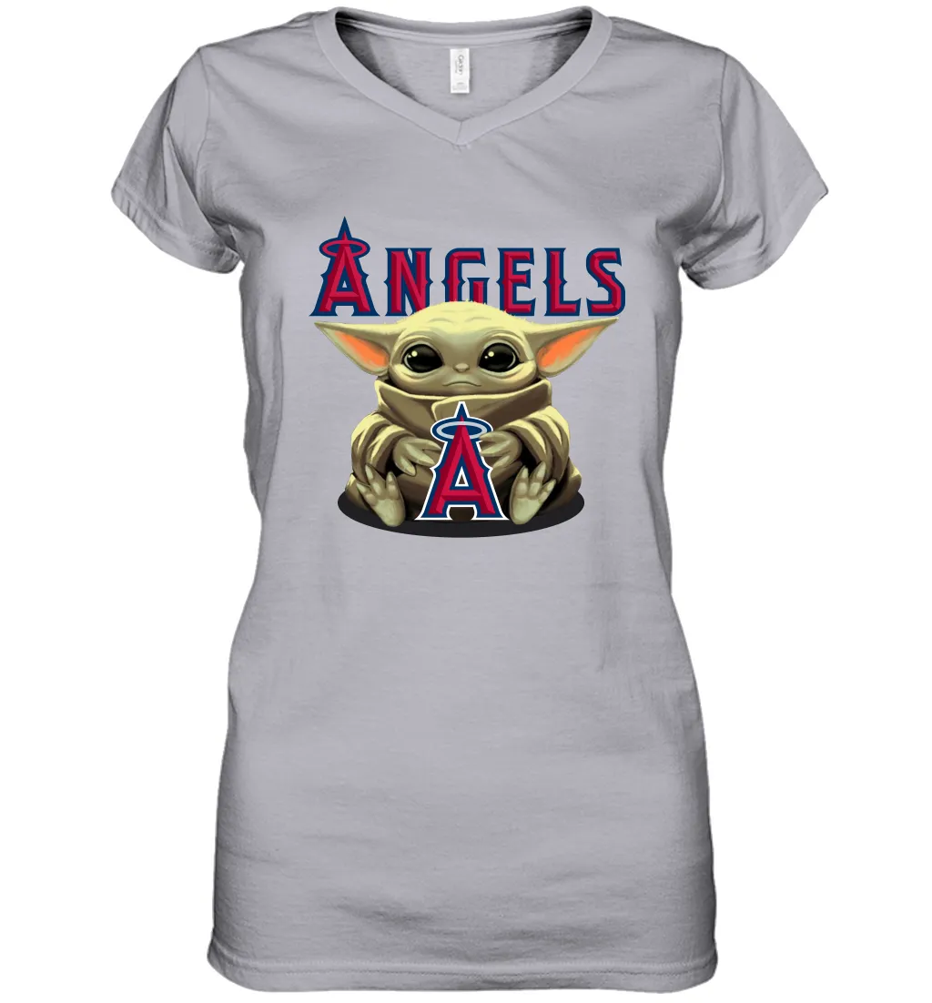 Baby Yoda Hugs Loves The Los Angeles Angels Baseball Womens V-Neck T-Shirt