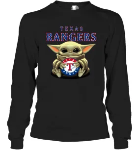 Baby Yoda Hugs Loves The Texas Rangers Baseball Adult Long Sleeve T-Shirt