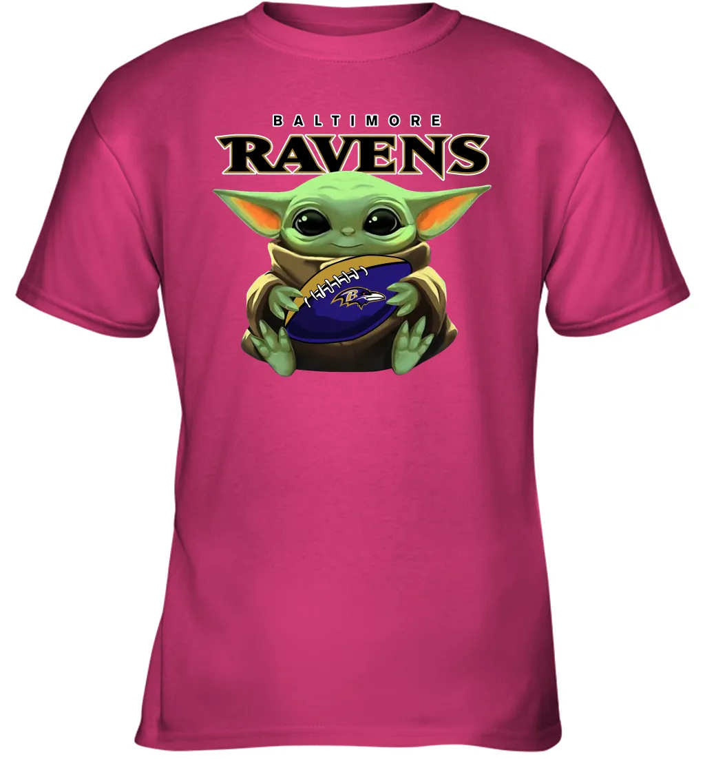 Baby Yoda Loves The Baltimore Ravens Star Wars Baby Yoda Hugs Ravens NFL Youth T-Shirt