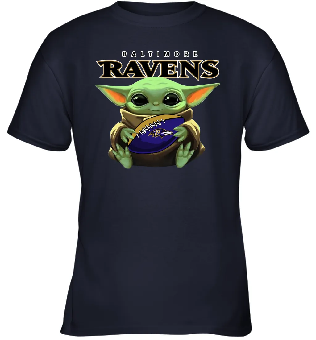 Baby Yoda Loves The Baltimore Ravens Star Wars Baby Yoda Hugs Ravens NFL Youth T-Shirt