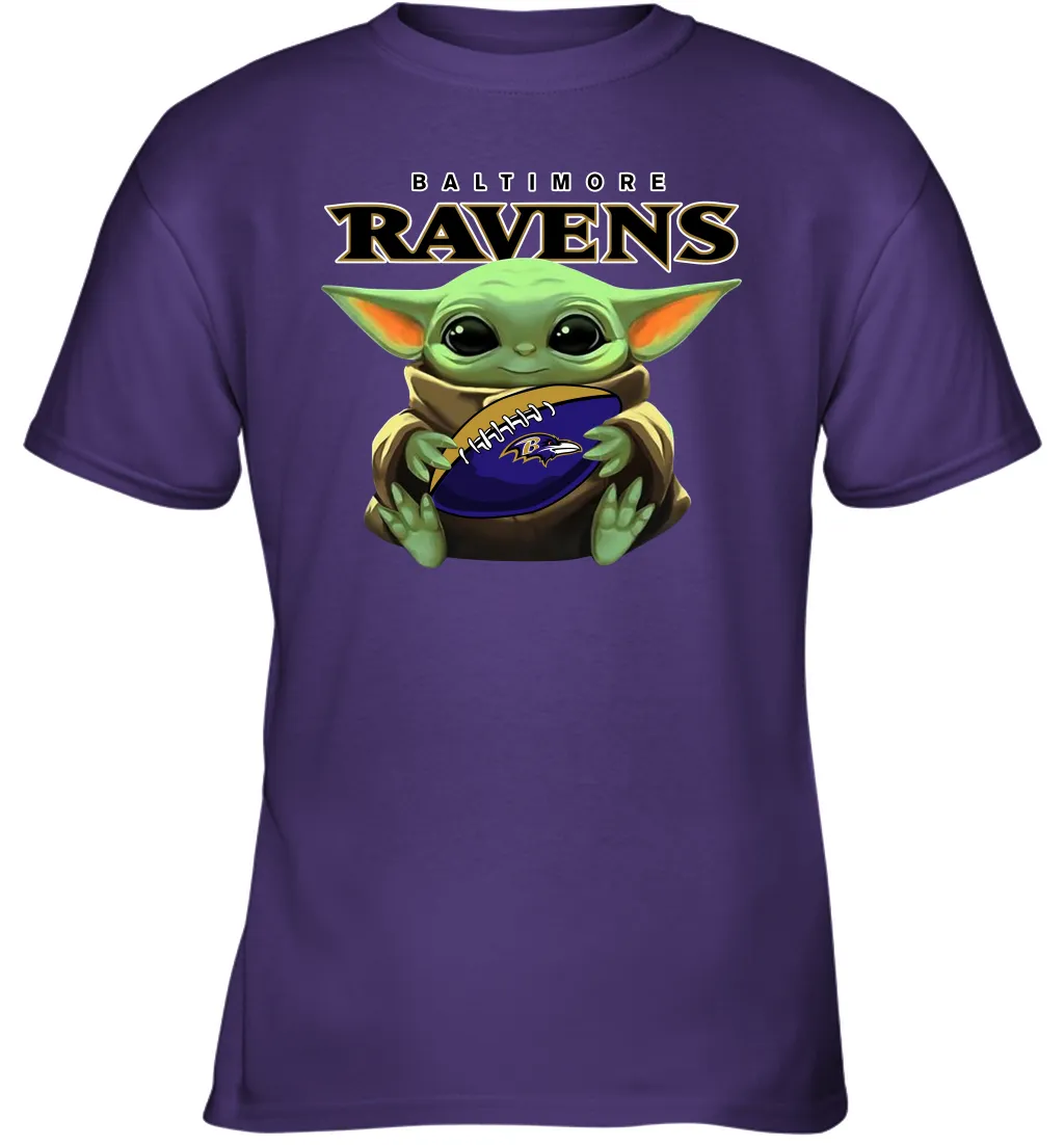 Baby Yoda Loves The Baltimore Ravens Star Wars Baby Yoda Hugs Ravens NFL Youth T-Shirt