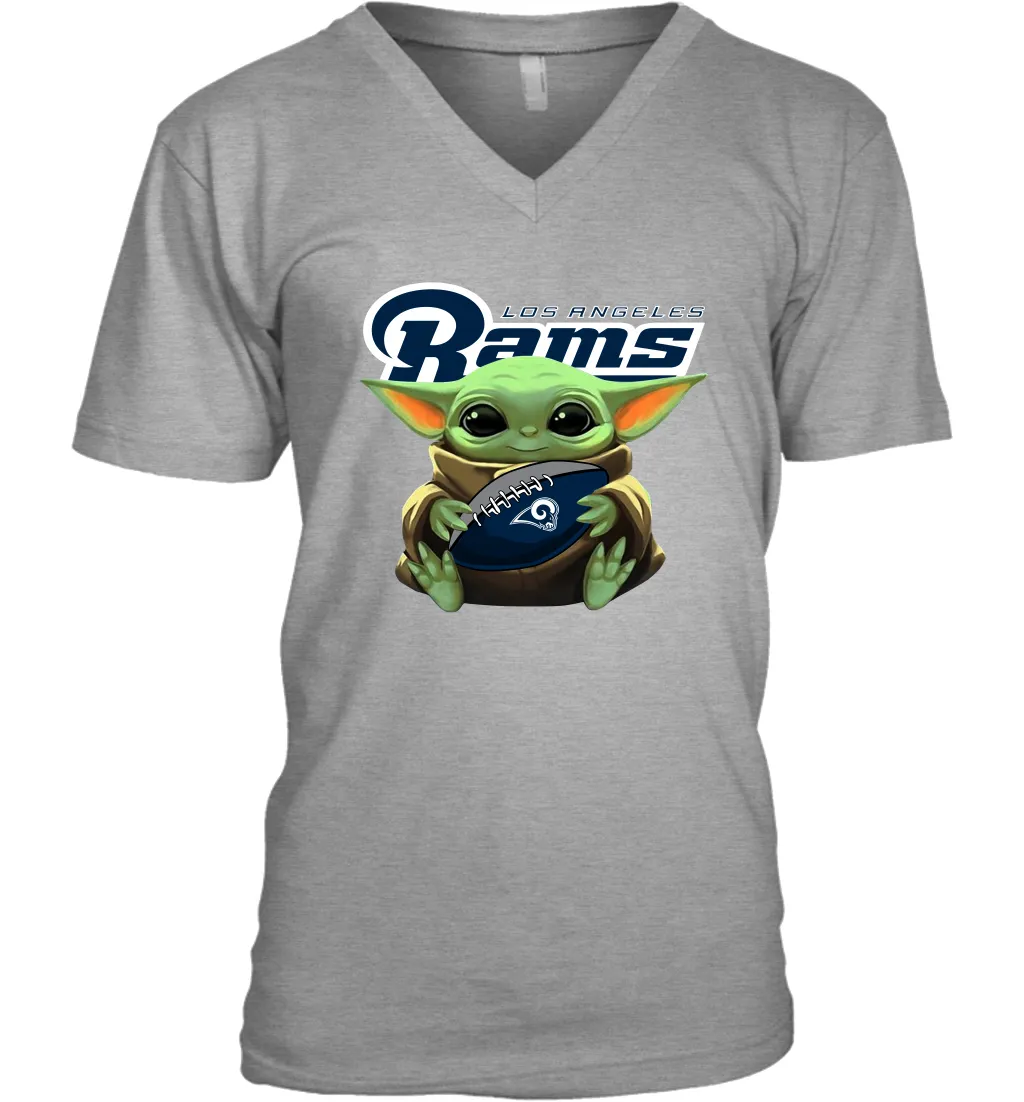 Baby Yoda Loves The Los Angeles Rams Star Wars Baby Yoda Hugs Rams NFL Mens V-Neck T-Shirt