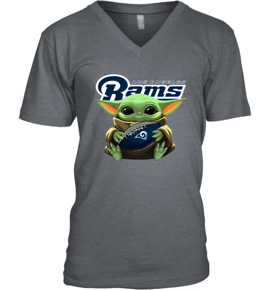 Baby Yoda Loves The Los Angeles Rams Star Wars Baby Yoda Hugs Rams NFL Mens V-Neck T-Shirt