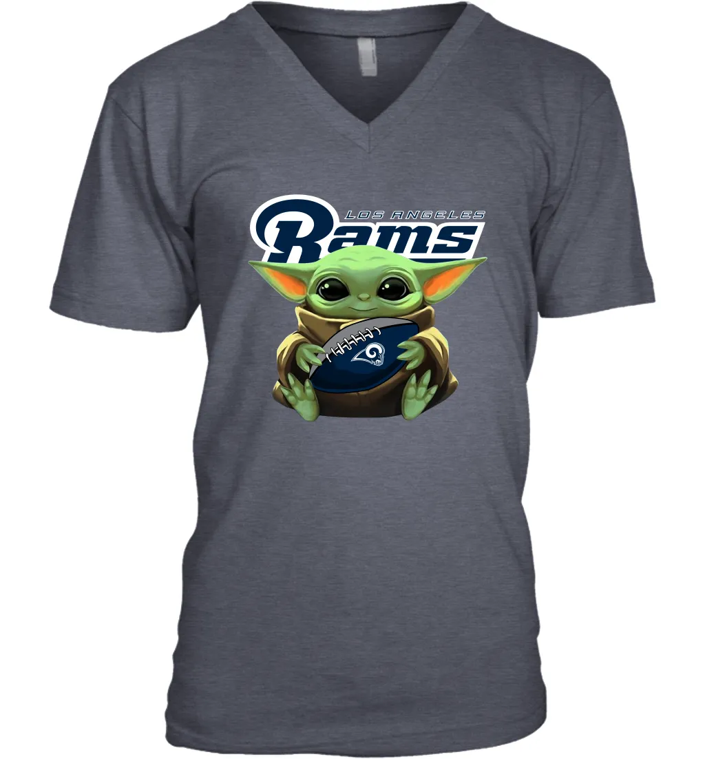 Baby Yoda Loves The Los Angeles Rams Star Wars Baby Yoda Hugs Rams NFL Mens V-Neck T-Shirt