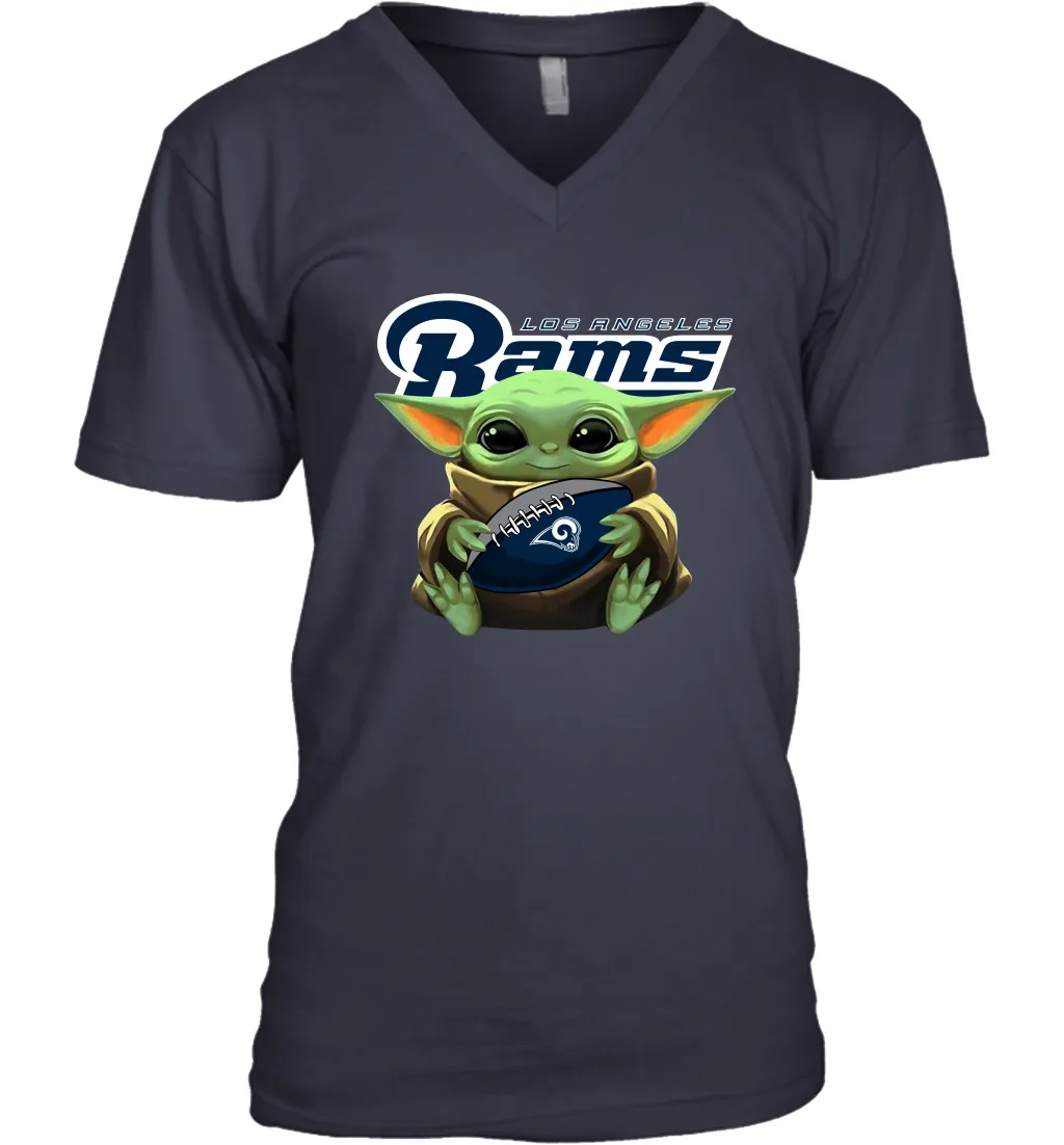 Baby Yoda Loves The Los Angeles Rams Star Wars Baby Yoda Hugs Rams NFL Mens V-Neck T-Shirt