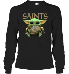 Baby Yoda Loves The New Orleans Saints Star Wars Baby Yoda Hugs Saints NFL Adult Long Sleeve T-Shirt