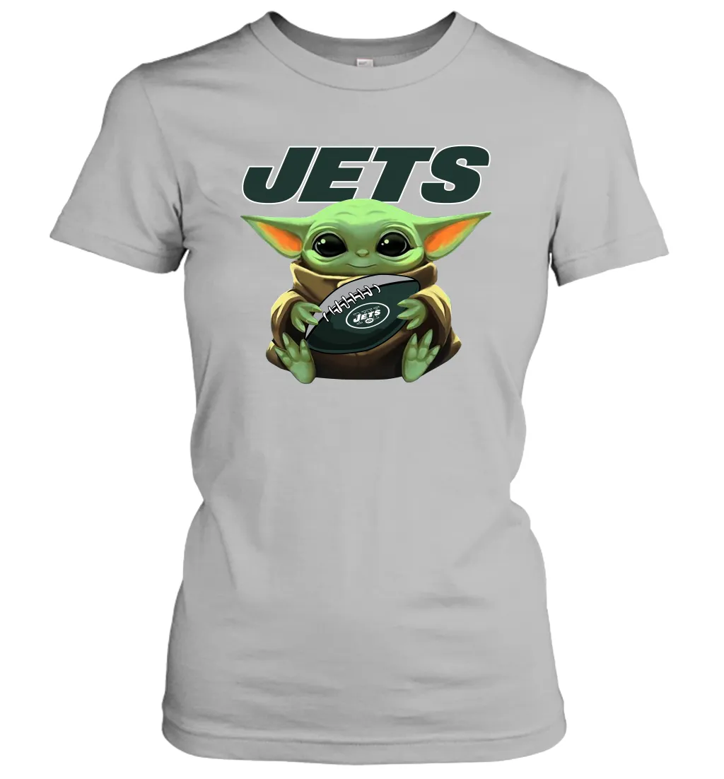 Baby Yoda Loves The New York Jets Star Wars Baby Yoda Hugs Jets NFL Womens T-Shirt