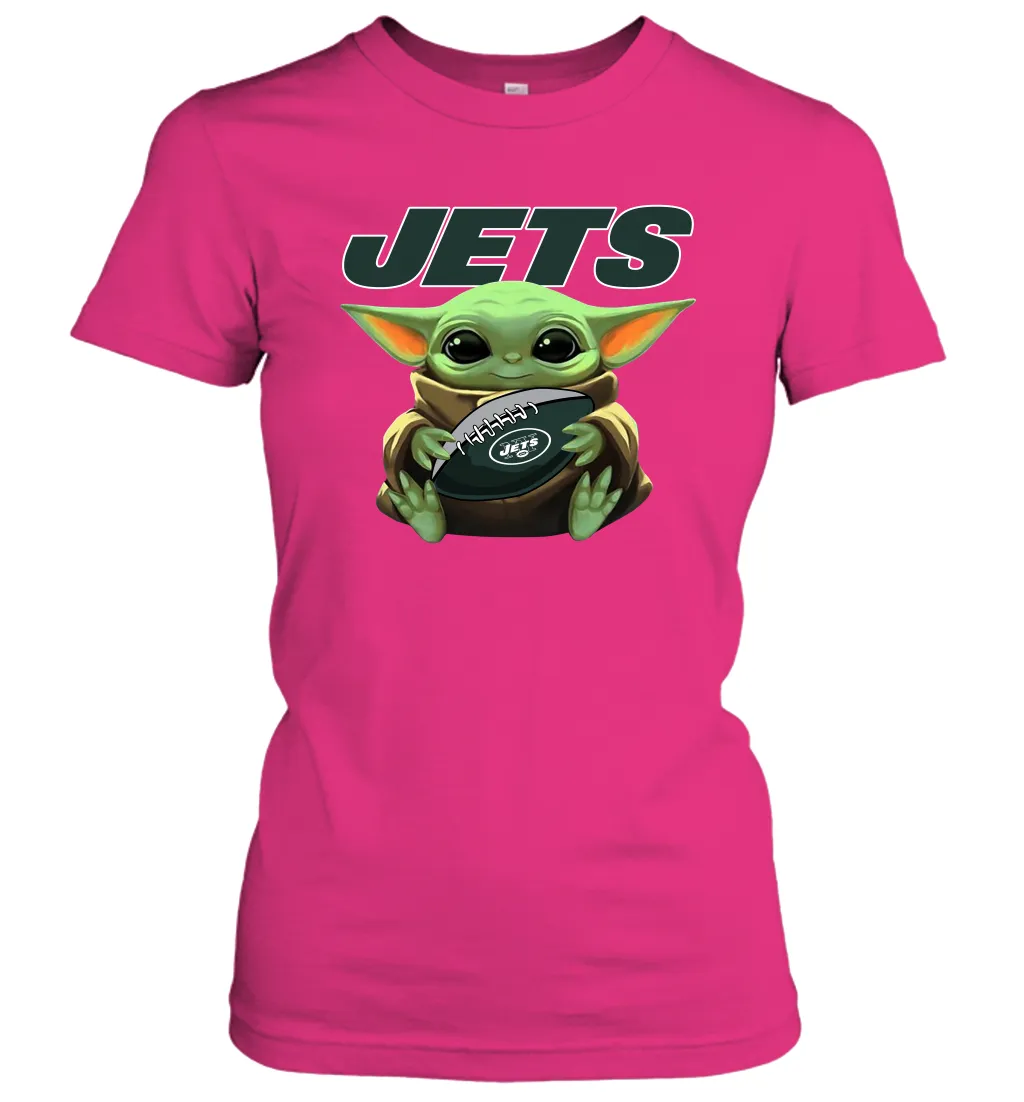 Baby Yoda Loves The New York Jets Star Wars Baby Yoda Hugs Jets NFL Womens T-Shirt