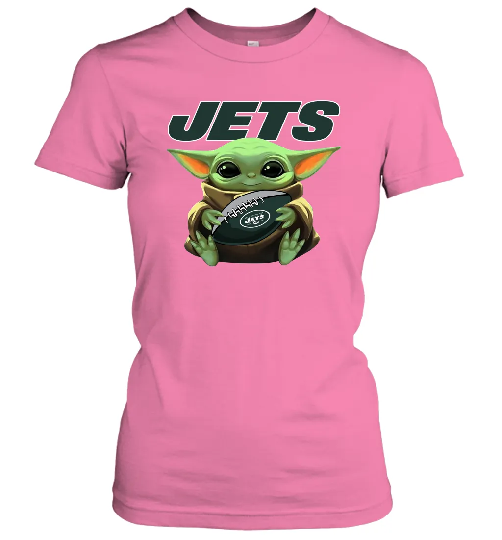 Baby Yoda Loves The New York Jets Star Wars Baby Yoda Hugs Jets NFL Womens T-Shirt