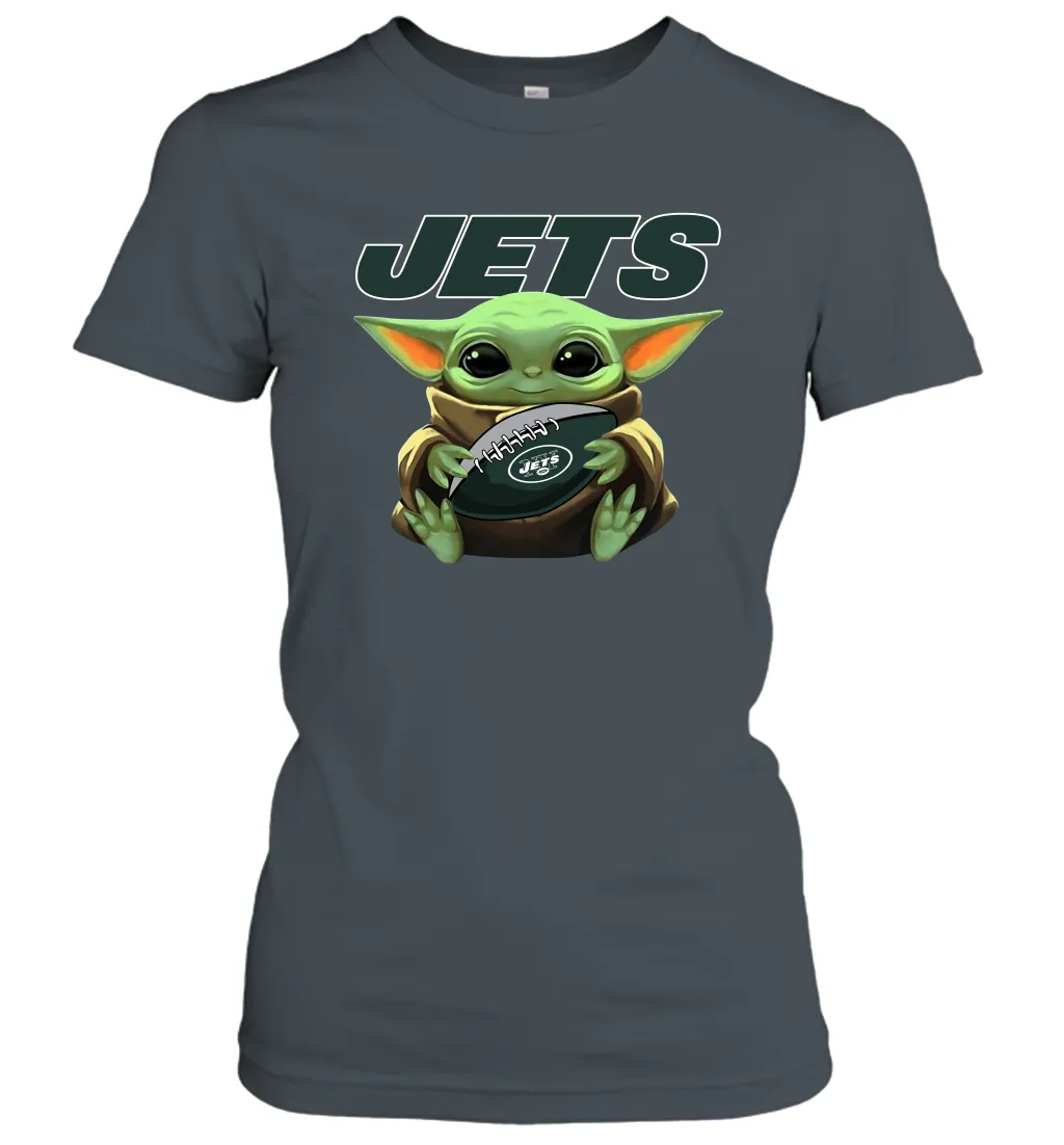 Baby Yoda Loves The New York Jets Star Wars Baby Yoda Hugs Jets NFL Womens T-Shirt