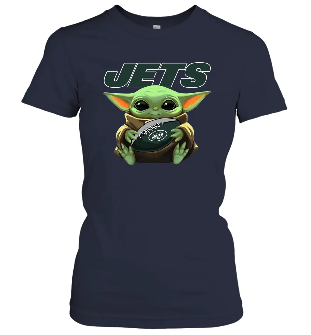 Baby Yoda Loves The New York Jets Star Wars Baby Yoda Hugs Jets NFL Womens T-Shirt