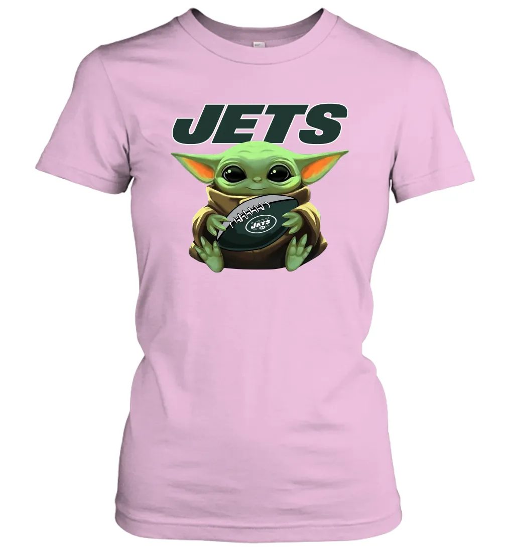 Baby Yoda Loves The New York Jets Star Wars Baby Yoda Hugs Jets NFL Womens T-Shirt