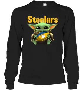 Baby Yoda Loves The Pittsburgh Steelers Star Wars Baby Yoda Hugs Steelers NFL Adult Long Sleeve T-Shirt