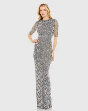 Beaded Fringe Quarter Sleeve Column Gown