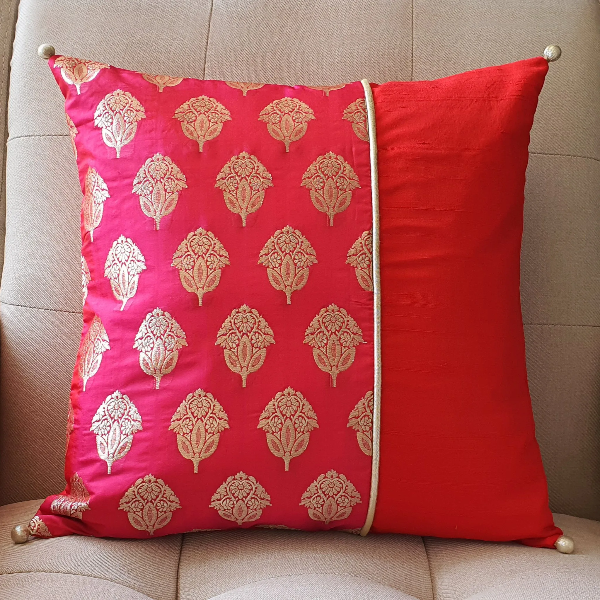 Beautiful Red and Pink Brocade Silk Cushion Cover, 40 x 40cm