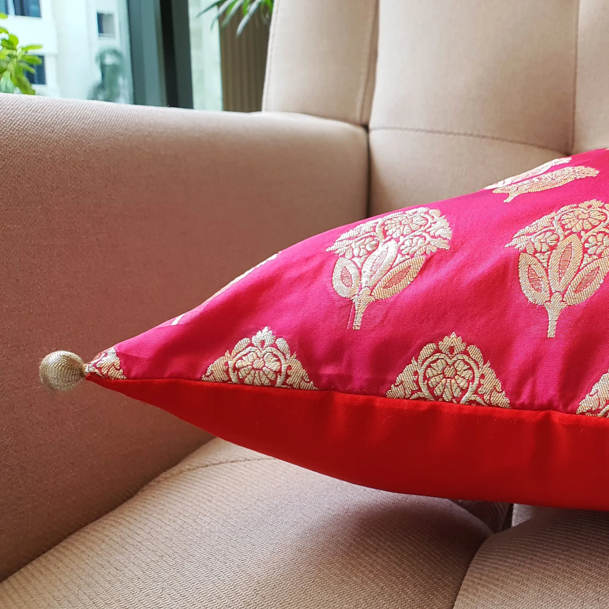 Beautiful Red and Pink Brocade Silk Cushion Cover, 40 x 40cm