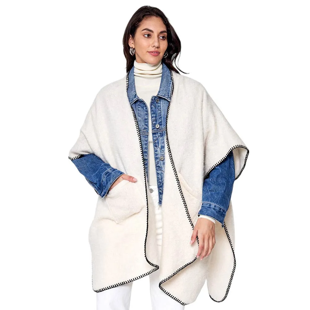 Blanket Stitch Front Pockets Kimono Poncho