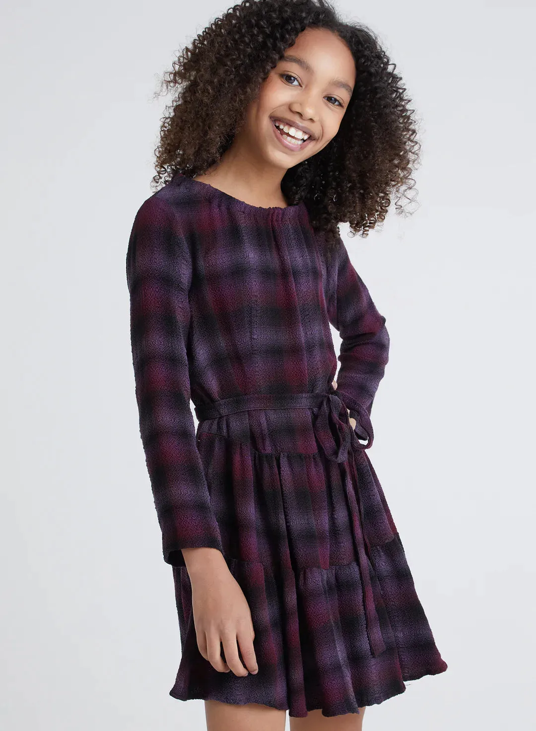 Boysenberry Plaid Long Sleeve Tiered Dress