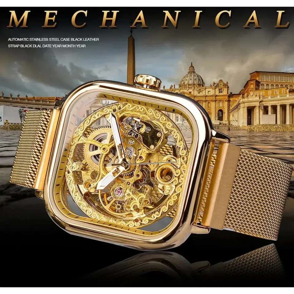 Forsining Men Mechanical Watches Automatic Self-Wind Golden Transparent Fashion Mesh Steel Wristwatch Skeleton Man Male Hot Hour S3599316