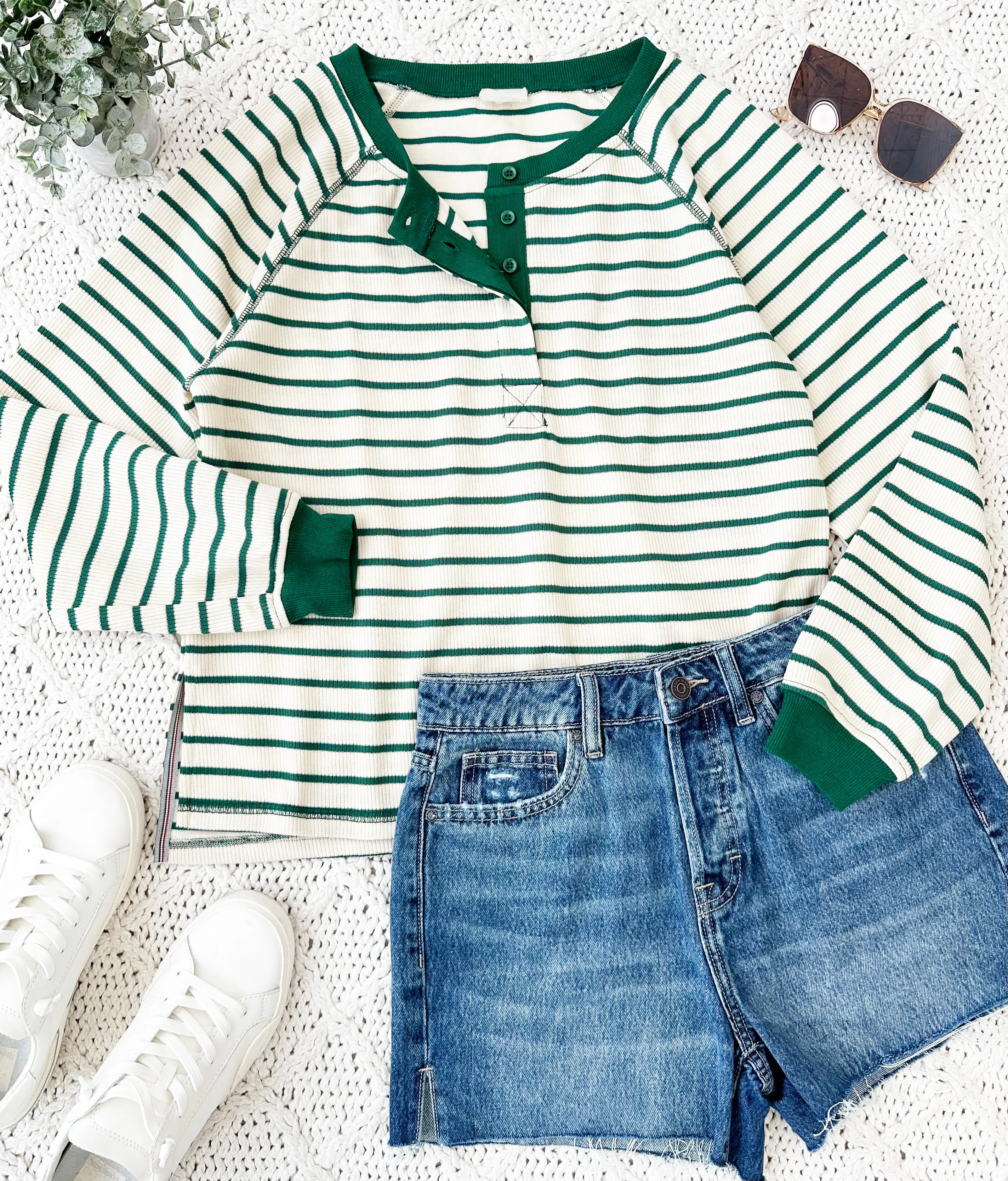 Green Stripe Side Slit Henley