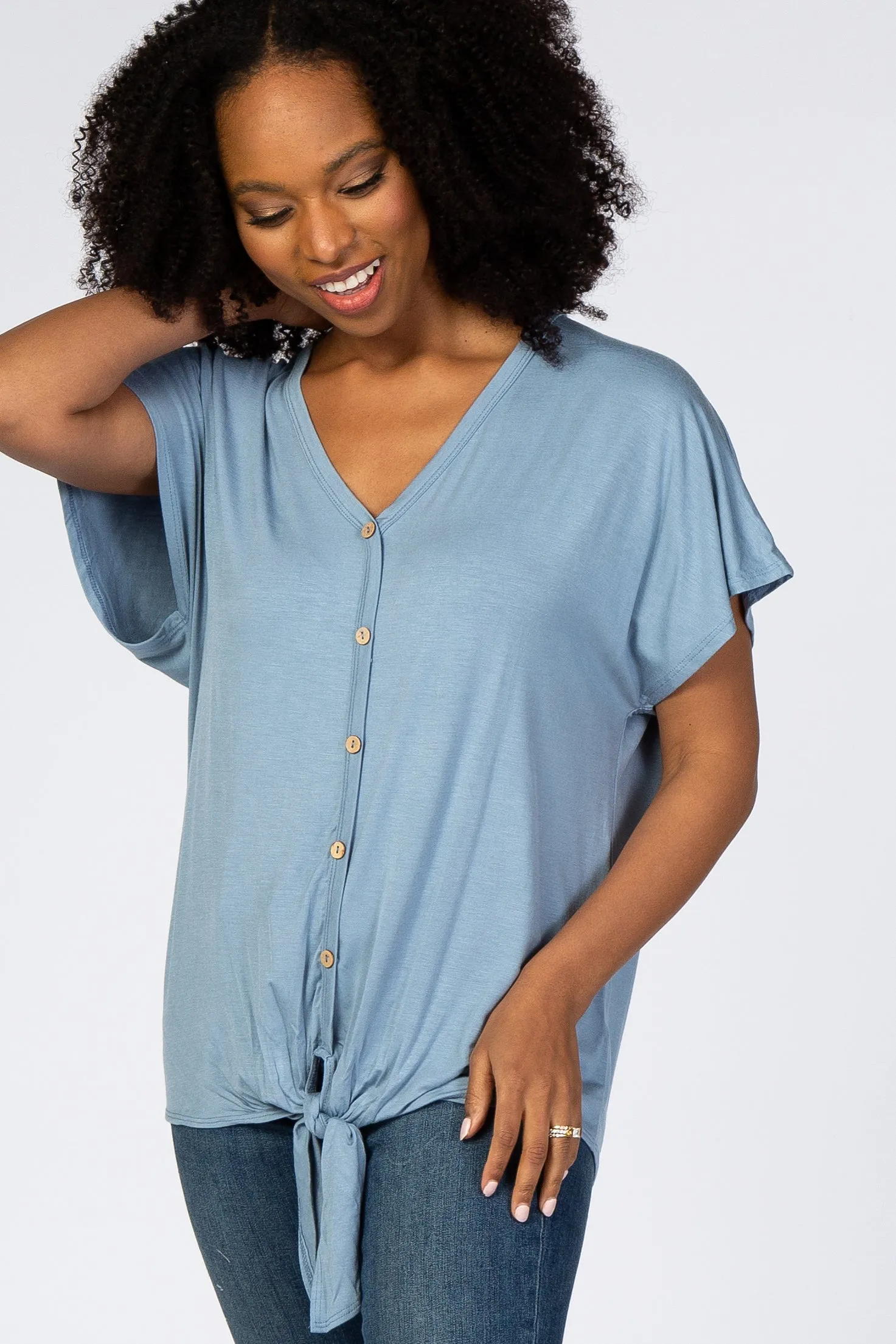 Light Blue Tie Front Short Sleeve Maternity Top