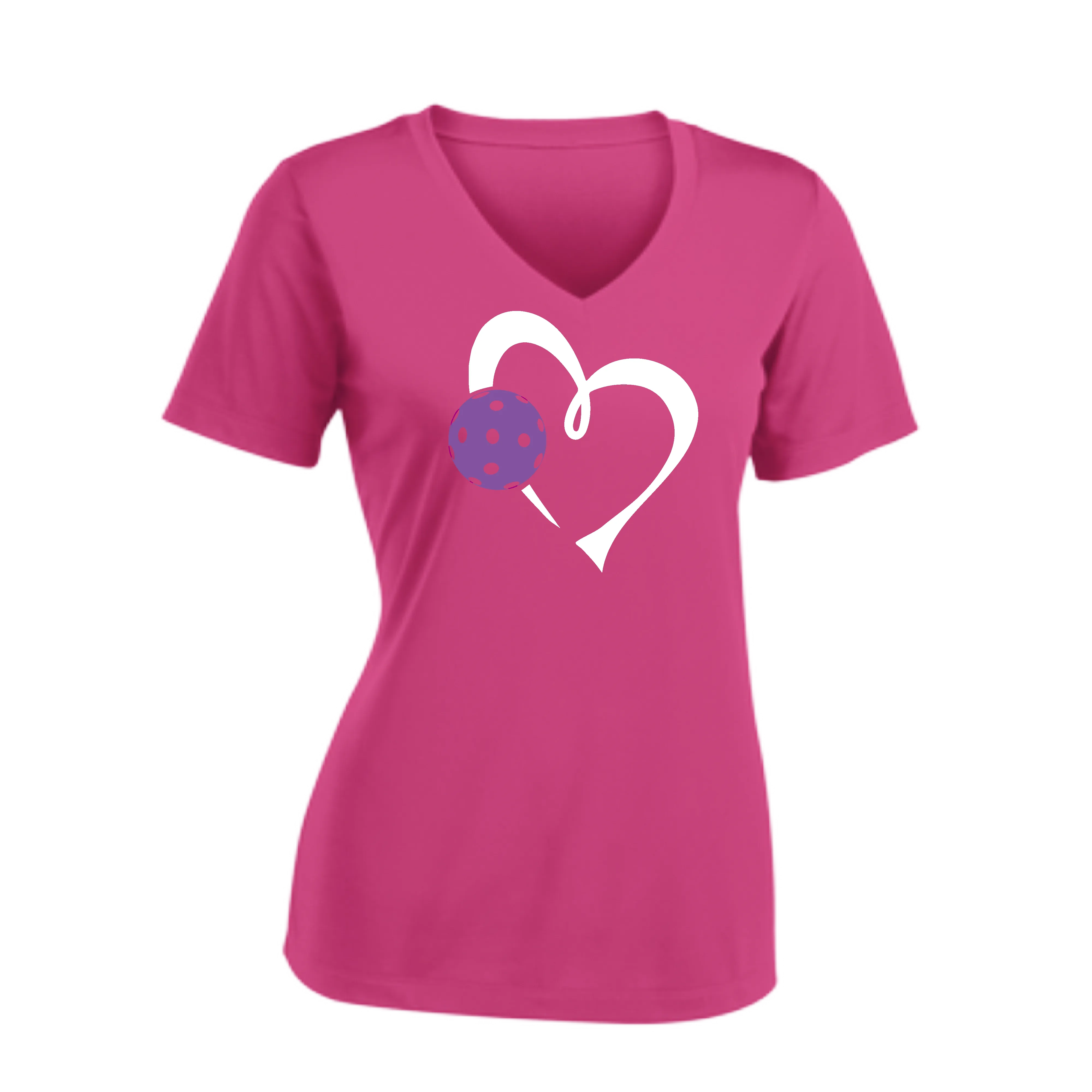 Love Pickleball Heart (Purple) | Women's Short Sleeve V-Neck Pickleball Shirts | 100% Polyester