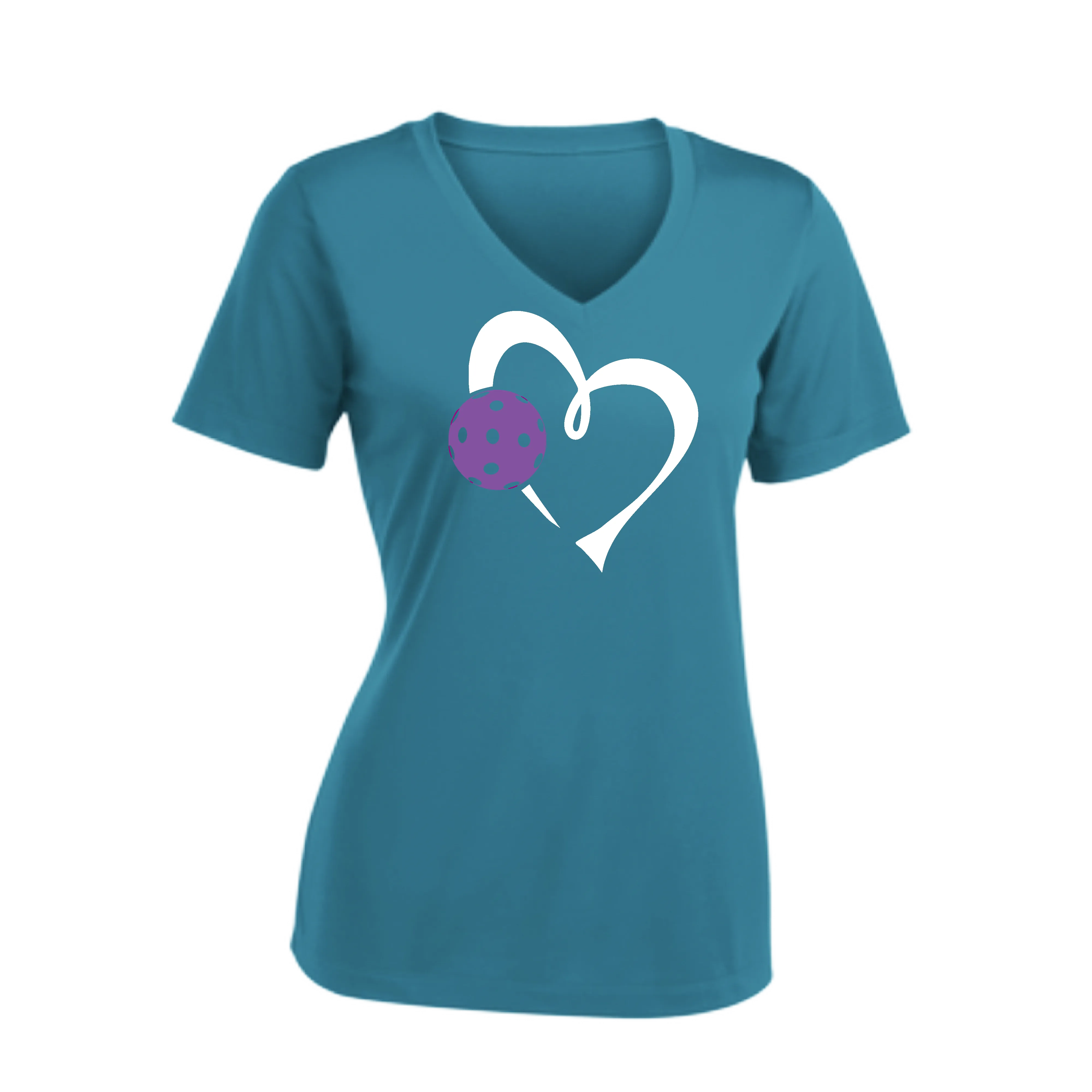 Love Pickleball Heart (Purple) | Women's Short Sleeve V-Neck Pickleball Shirts | 100% Polyester