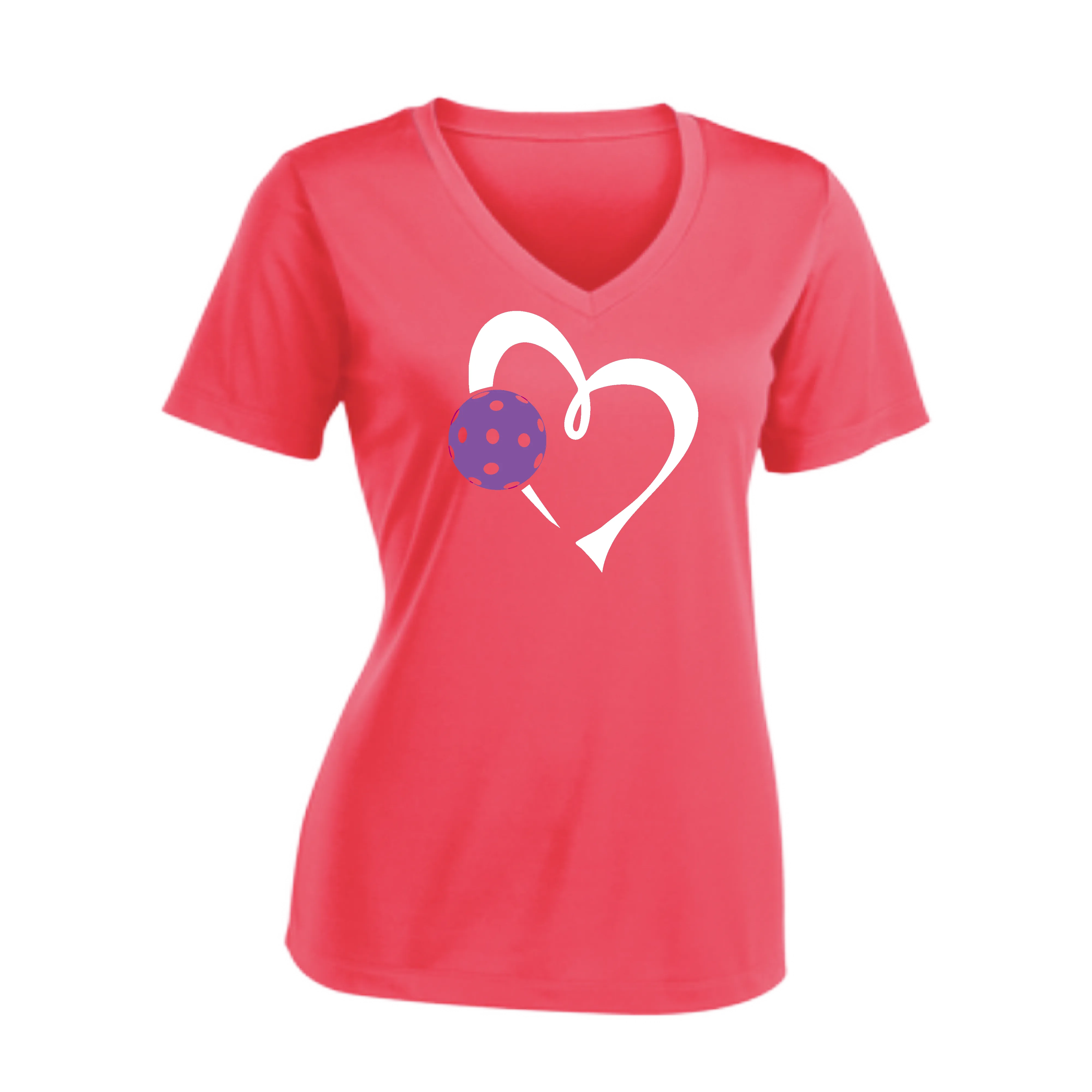 Love Pickleball Heart (Purple) | Women's Short Sleeve V-Neck Pickleball Shirts | 100% Polyester