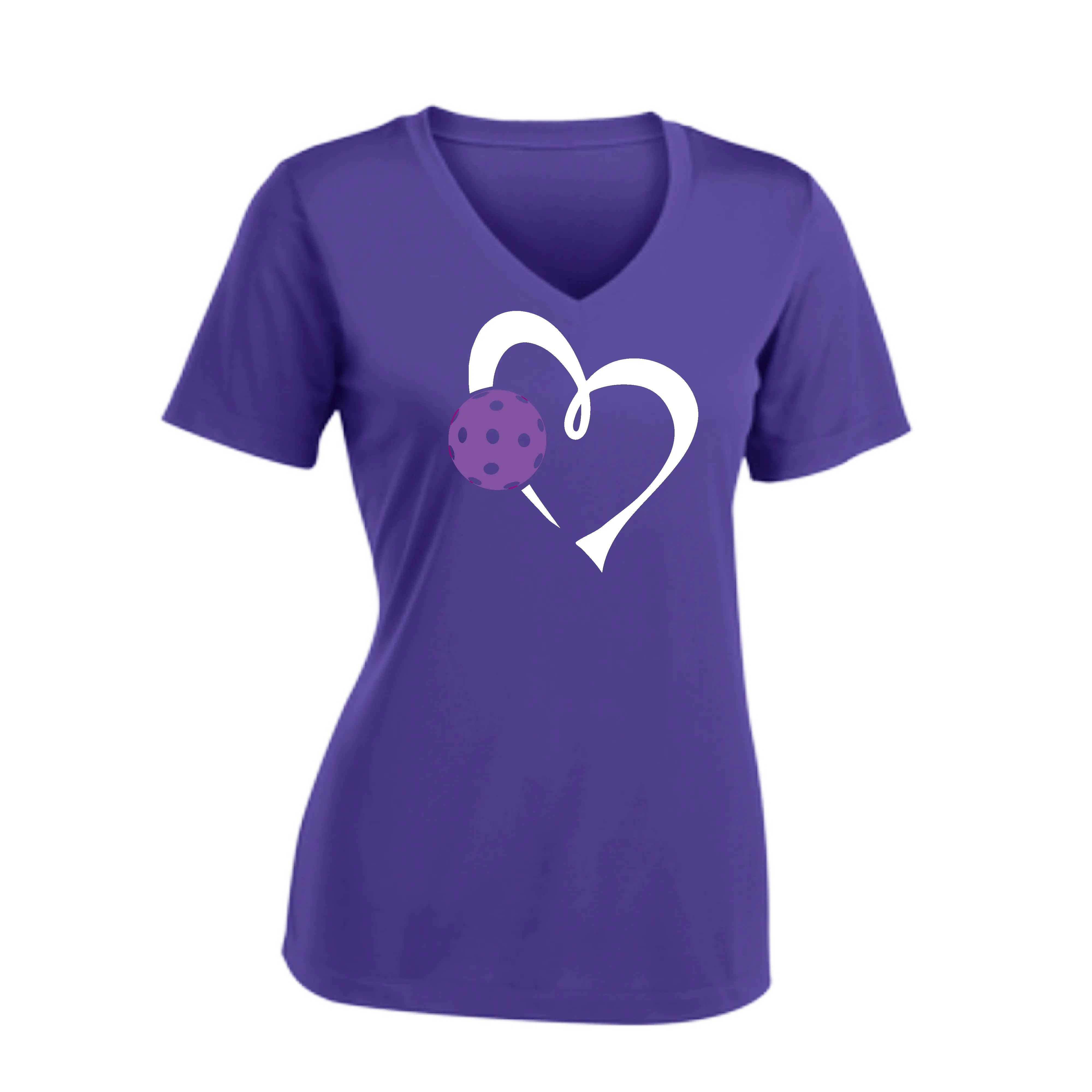 Love Pickleball Heart (Purple) | Women's Short Sleeve V-Neck Pickleball Shirts | 100% Polyester