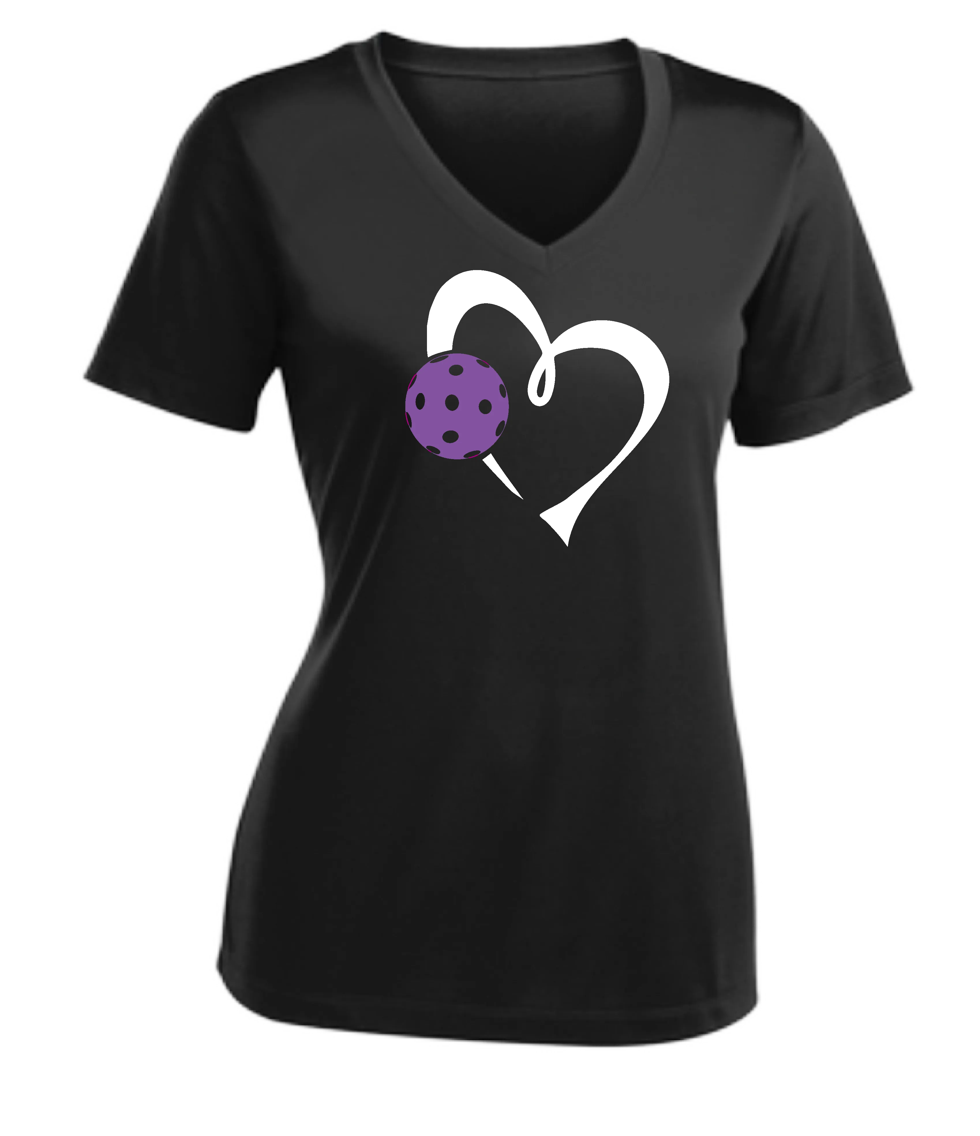 Love Pickleball Heart (Purple) | Women's Short Sleeve V-Neck Pickleball Shirts | 100% Polyester