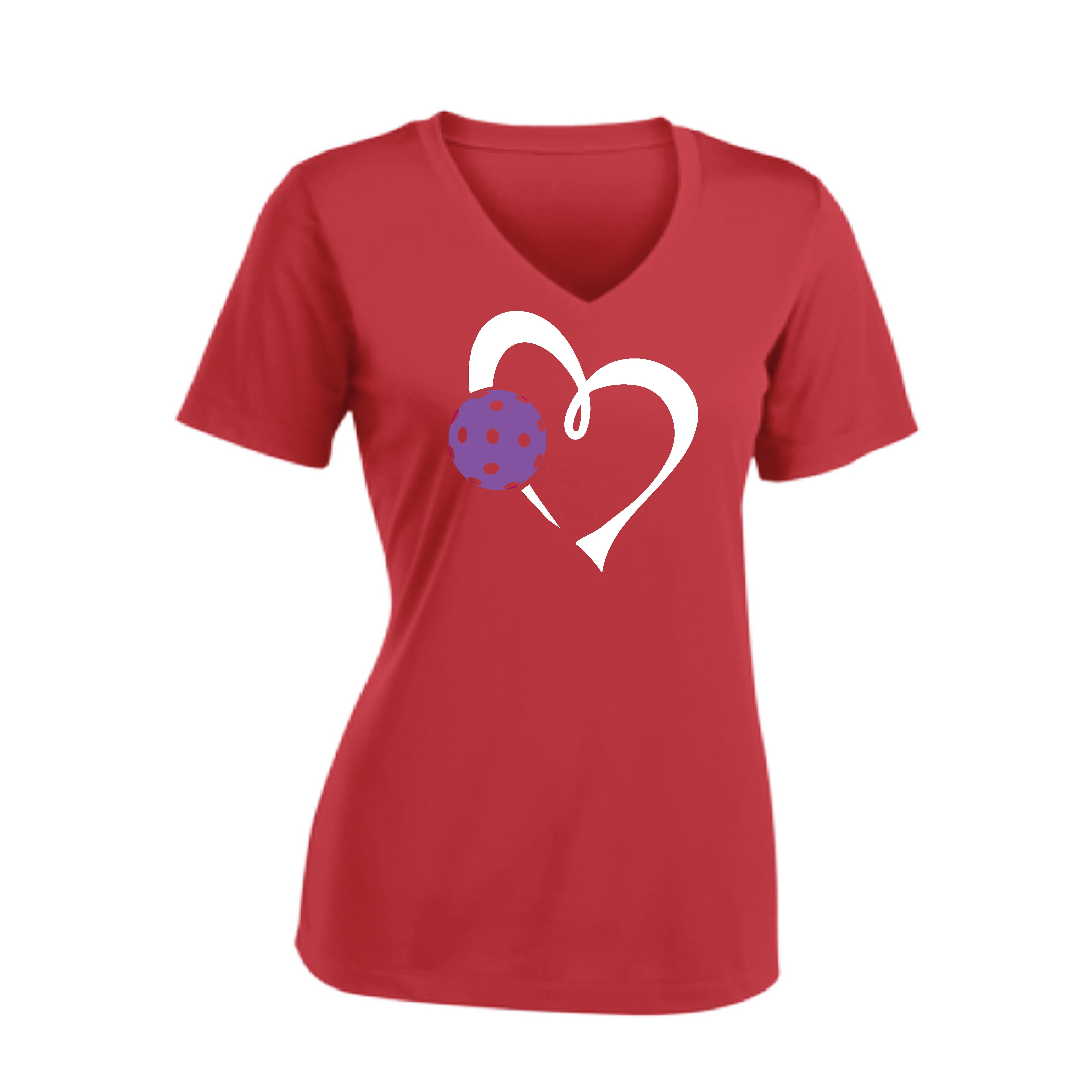 Love Pickleball Heart (Purple) | Women's Short Sleeve V-Neck Pickleball Shirts | 100% Polyester