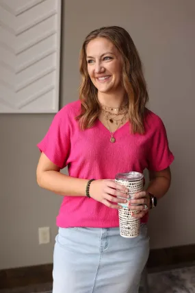 Magenta Crinkle V-Neck Top • S