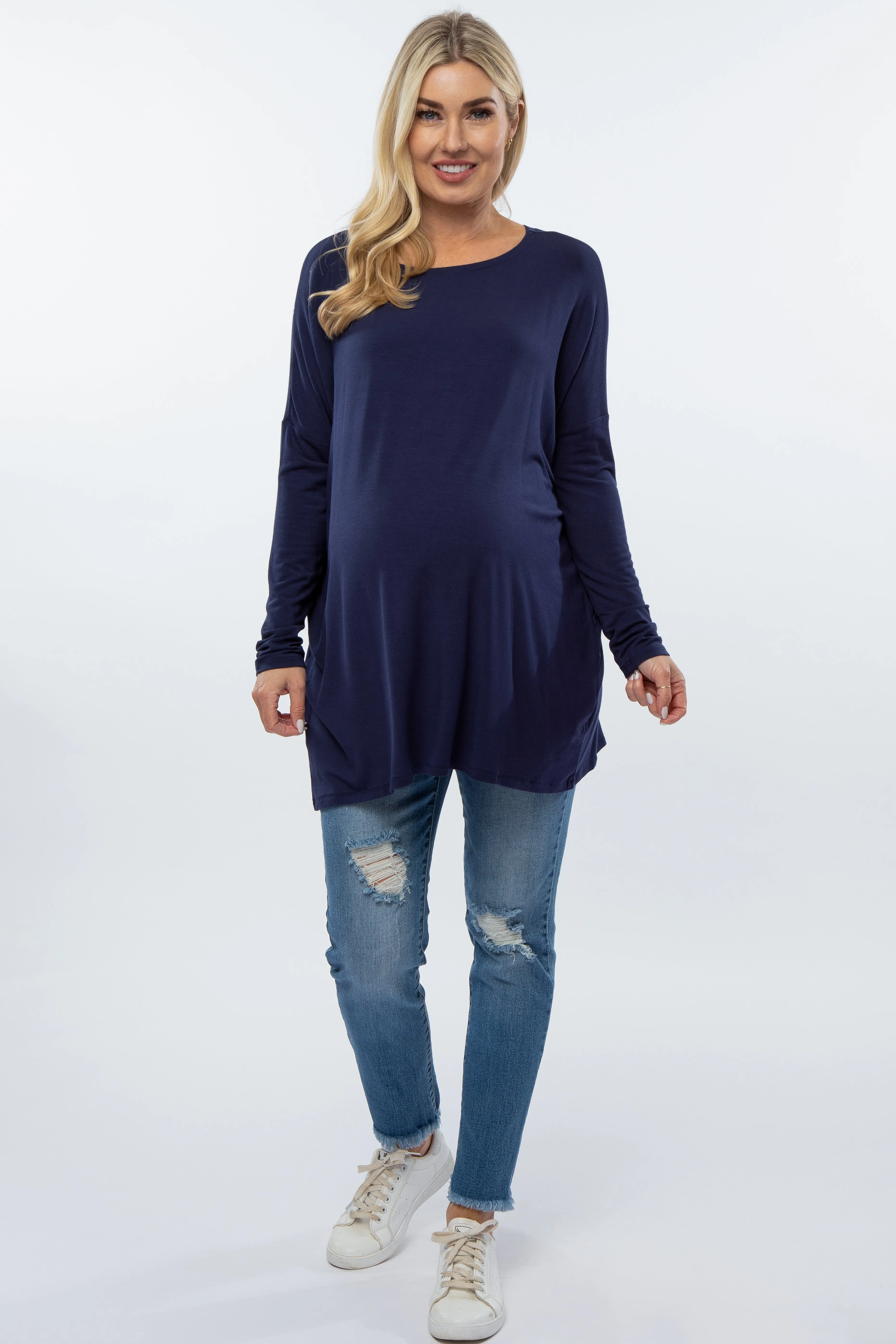 Navy Long Dolman Sleeve Maternity Top