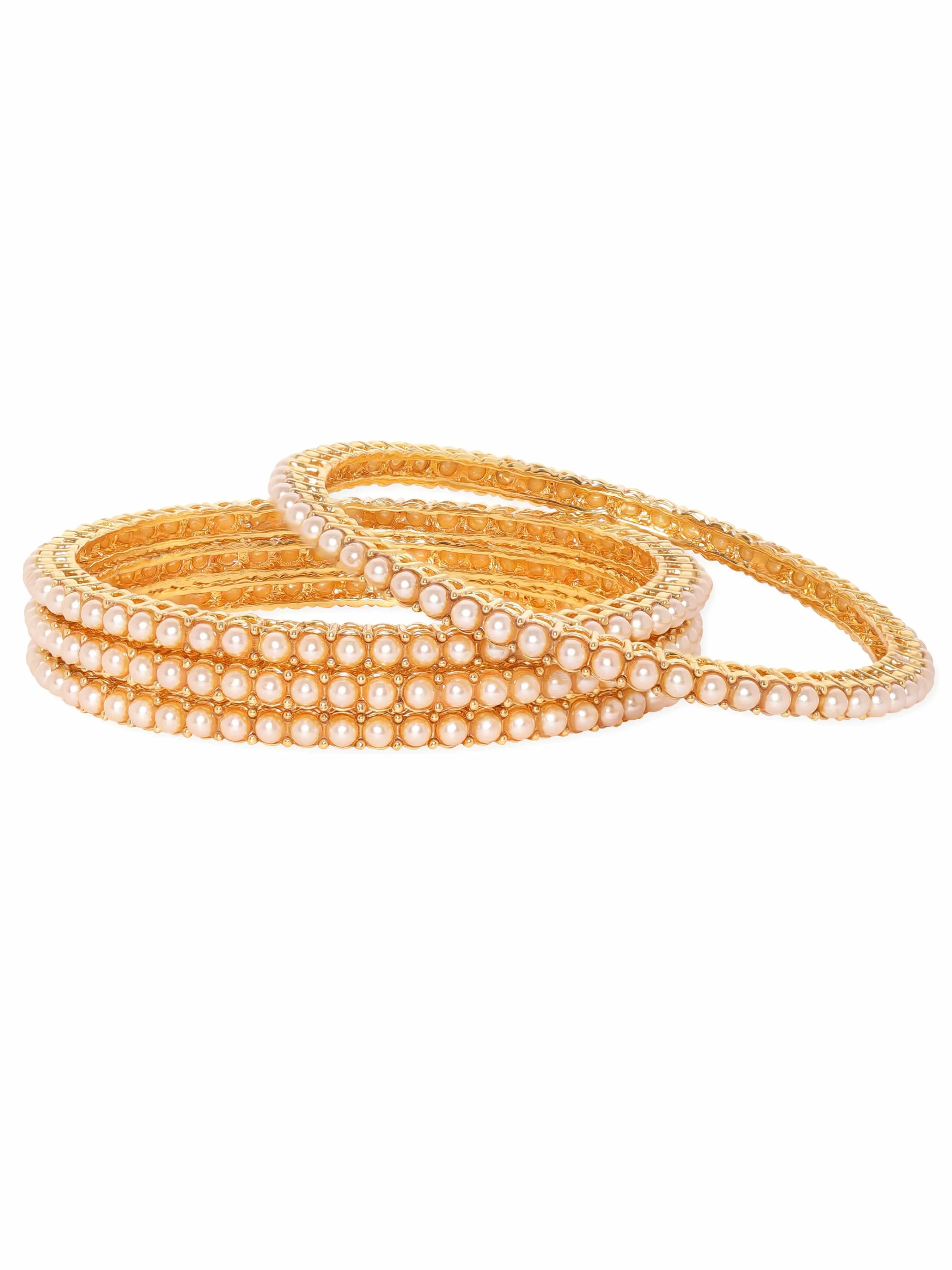 Rubans Set of 4, 22K Gold plated Pearl Studded Classic Bangles