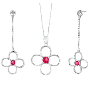 Ruby Pendant Earrings Set Sterling Silver