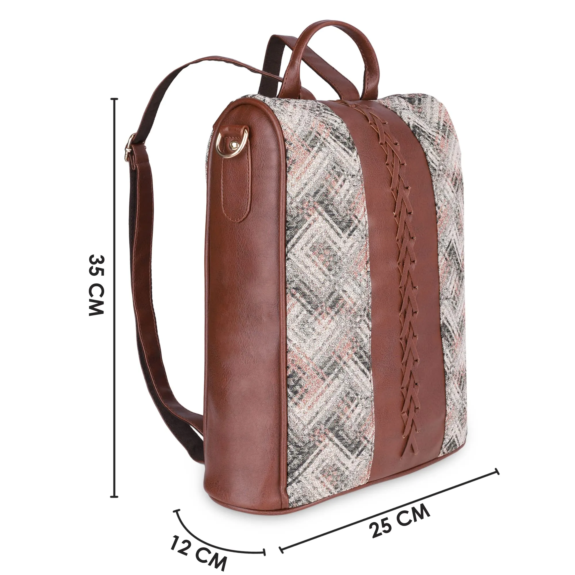 THE CLOWNFISH 10.5 Litres Akaya Collection Tapestry Fabric & Faux Leather Anti-Theft Back Open Style Womens Backpack Travel Backpack For College Going Girls - White-Checks