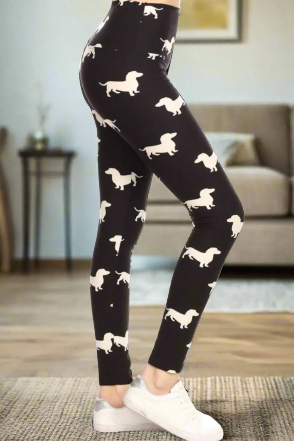 Womens Dachshund Dog Leggings, Soft Yoga Pants, Sizes 0-20, Yoga Waist, Black/White